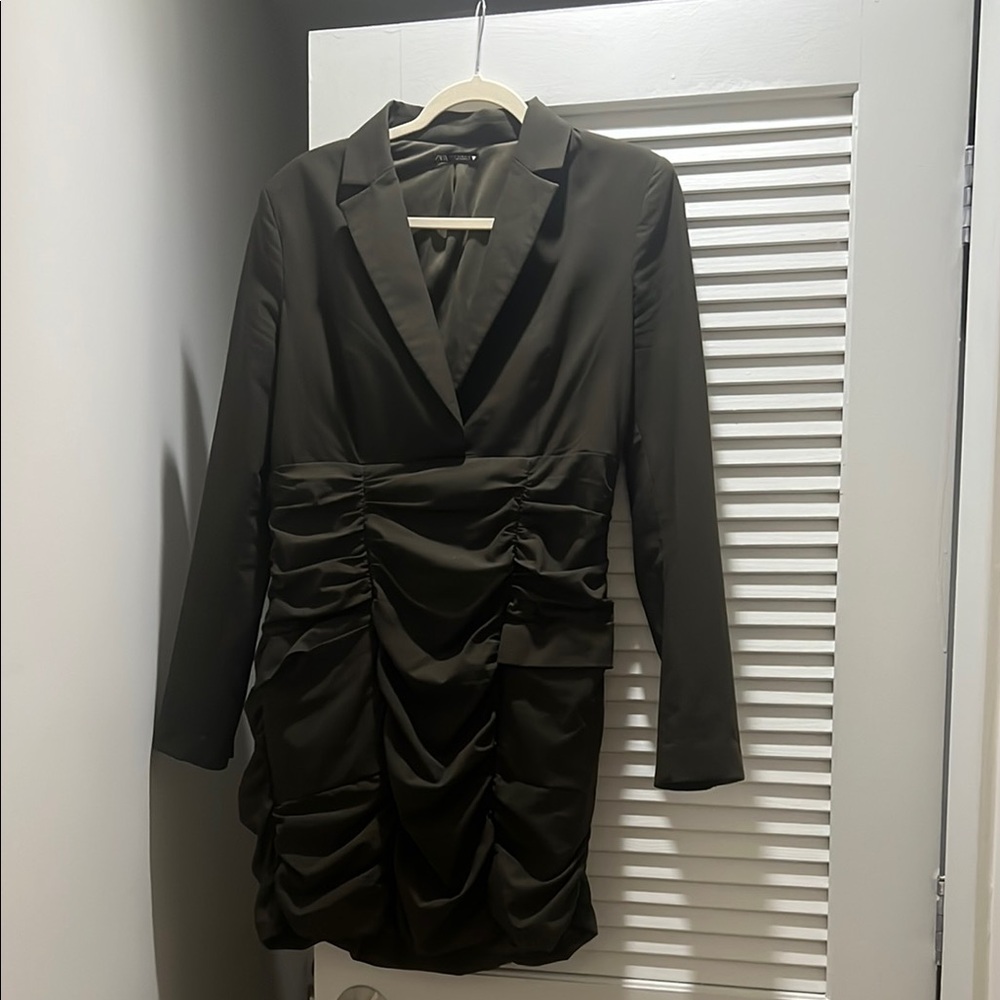 Zara Olive Green Ruched Wrap Mini Dress